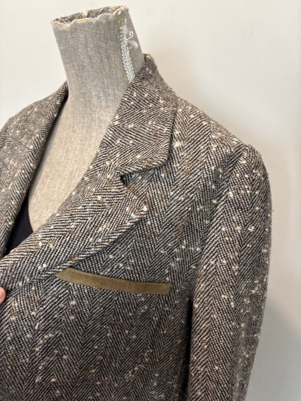 Alan Cherry Herringbone Tweed Blazer Suede Trim Wool Jacket Size 46 - Picture 10 of 15
